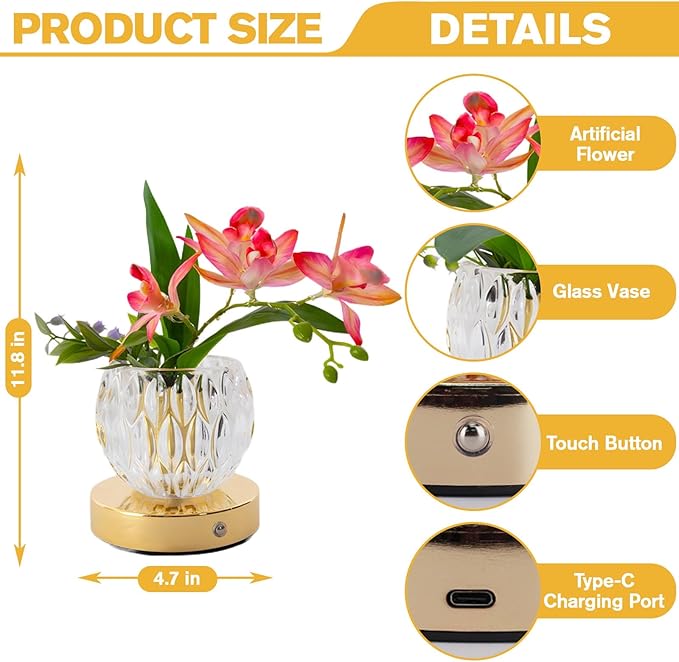 Flower Table Lamp, 3 Colors Orchid Night Light, Cordless Touch Dimming Flower with Vase Lamp, LED Desktop Decorative Landscape Lights for Festival Party Home Decor (Pink-Ivory Orchid)