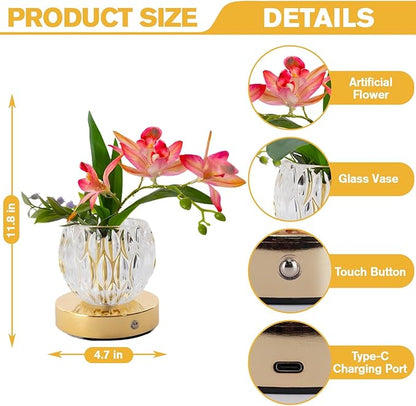 Flower Table Lamp, 3 Colors Orchid Night Light, Cordless Touch Dimming Flower with Vase Lamp, LED Desktop Decorative Landscape Lights for Festival Party Home Decor (Pink-Ivory Orchid)