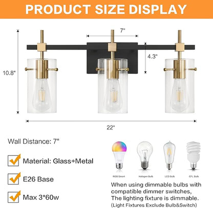 SOLFART Vintage Vanity Lights Bathroom Light Fixture Over Mirror for Bath Glass Shade Light Black and Brass Modern Style 3 Lights