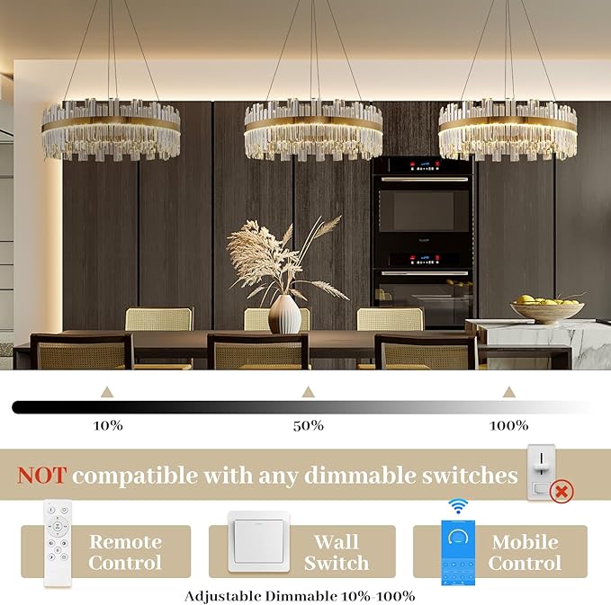Gold Modern Crystal Led Chandelier: 23.6" Dimmable K9 Crystals Chandeliers over Table - Golden Luxury Glass Round Chandelier - Height Adjustable Drum Chandelier with Remote for Dining Room Living Room