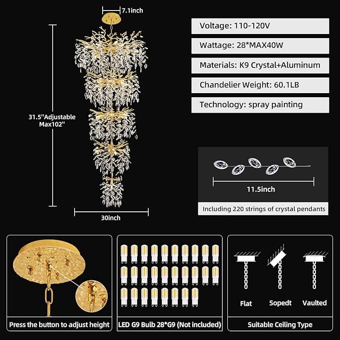 Modern Tree Branch Crystal Chandelier 102" Gold Luxury Large Pendant Lighting 28-Light Contemporary K9 Crystal Chandeliers for Dining Room Kitchen Living Room Foyer Entryway (Gold, H102"-Round)