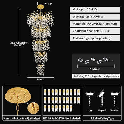 Modern Tree Branch Crystal Chandelier 102" Gold Luxury Large Pendant Lighting 28-Light Contemporary K9 Crystal Chandeliers for Dining Room Kitchen Living Room Foyer Entryway (Gold, H102"-Round)
