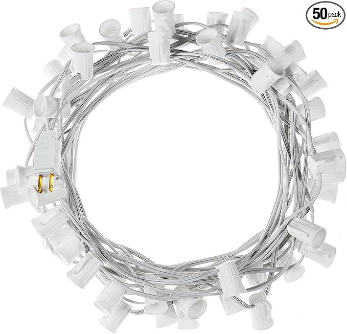 C9 Light Strand, 50 FT Outdoor String Lights Christmas Stringer with 50 Sockets for Christmas Decor Patio, E17 Light Socket, 12 Spacing, White Wire