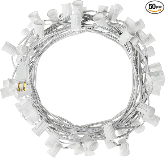 C9 Light Strand, 50 FT Outdoor String Lights Christmas Stringer with 50 Sockets for Christmas Decor Patio, E17 Light Socket, 12 Spacing, White Wire