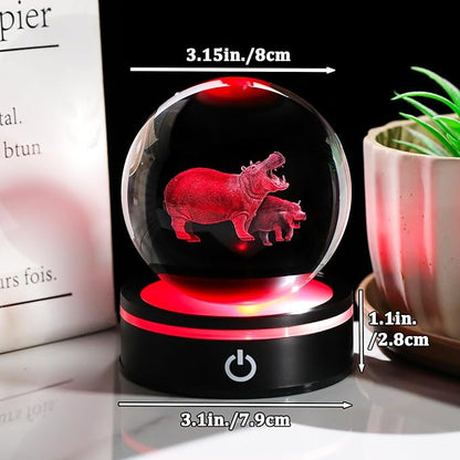 YWHL 3D Hippo Crystal Ball Figurine with LED Base Laser Hippopotamus Gifts for Women Men on Christmas Birthday Decorative Hippo Ball Glass Hippopotamus Globe for Home Decor (80mm)