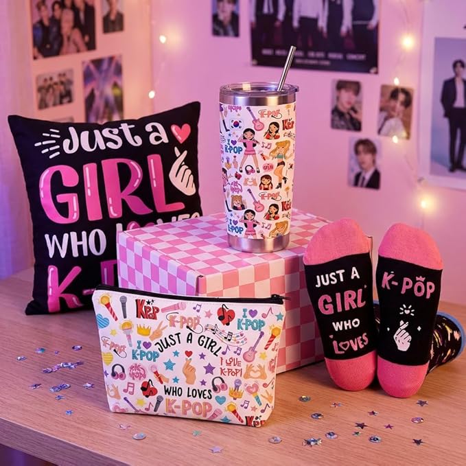 Kpop Gift Set Includes 20oz Tumbler, Throw Pillow Cover, Socks & Makeup Bag Just a Girl Who Loves K-pop Room Decor Birthday Gifts for Kpop Music Fans (Black)