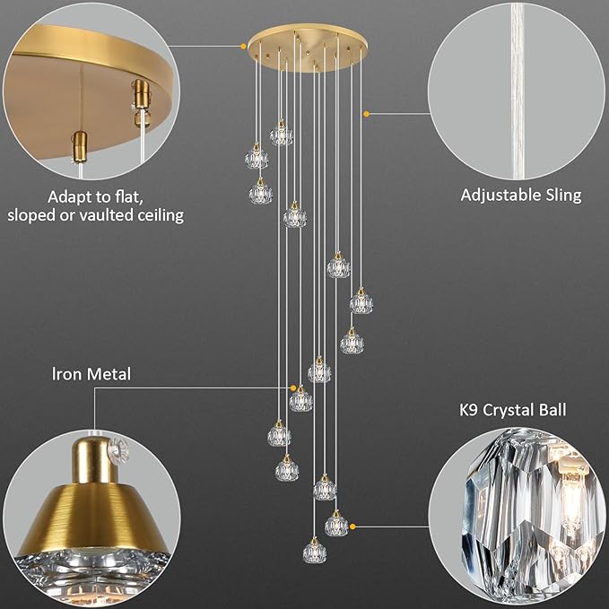 Weesalife Crystal Chandeliers for Staircases, 14-Light Gold Modern Chandeliers for High Ceilings，Crystal Pendant Light Fixture for Living Room Kitchen Island Foyer Hallway Bar