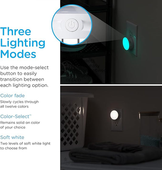 Lights by Night Color Changing Mini LED Night Light, Plug-in, Dusk to Dawn Sensor, Compact, 3 Modes, Ambient Lighting, for Kids or Adults, Bedroom, Bathroom, Nursery, Hallway, 2 Pack, 73683