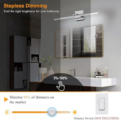 LED Bathroom Vanity Light, Modern Bathroom Light Fixture Over Mirror (3000K/4000K/6000K, Dimmable), Vanity Light Bar with Angle Adjustable, 24 Inch, Chrome