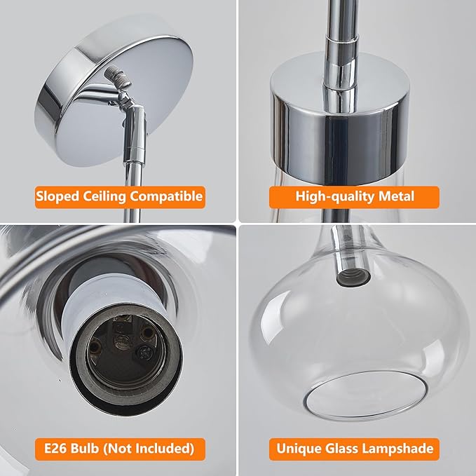Modern Glass Pendant Light 9.44 in Clear Glass Shade Chrome Farmhouse Island Pendant Lights for Kitchen Pendant Lighting Over Sink Bedroom Dining Room