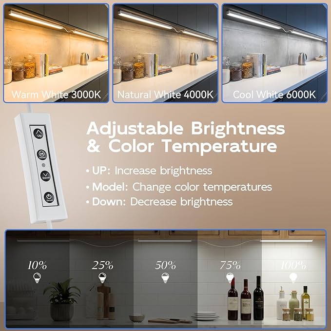 Under Cabinet Lighting Plug in, 12 Inch Linkable Under Cabinet Lights, 3 Color Temps & Dimmable, 1800LM Super Bright LED Light Bar, Under Counter Lights for Kitchen Cabinet, Closet, Shelf, 6 Pack