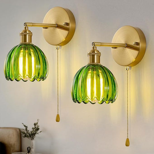Vintage Wall Sconces with Pullswitch, 180 Degree Adjustable, Hradwired Modern Wall Lighting Fixture with Green Tulip Glass Lampshade for Bedroom Bedside Bathroom(2pack)