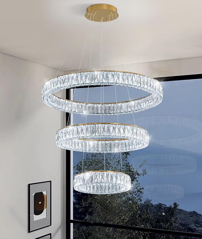 HAIXIANG Modern Glam Chandelier Crystal LED Remote Rings Chandelier Adjustable Hanging Ceilings Pendant Lights Fixture Gold 16"+24"+32" Rings Lighting