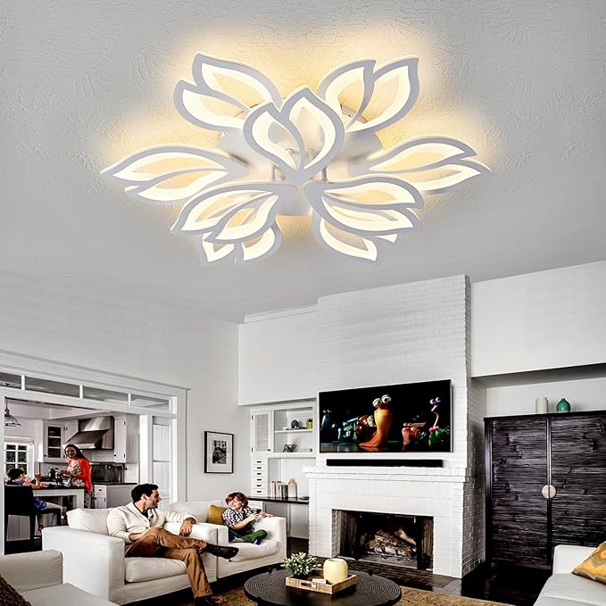 28" White Modern Flower Dimmable Ceiling Light Fixture, 9 Leaves Low Profile Flush Mount Ceiling Light for Living Room Dining Room Bedroom