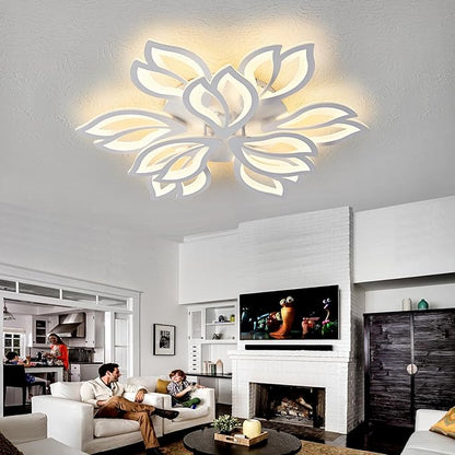 28" White Modern Flower Dimmable Ceiling Light Fixture, 9 Leaves Low Profile Flush Mount Ceiling Light for Living Room Dining Room Bedroom