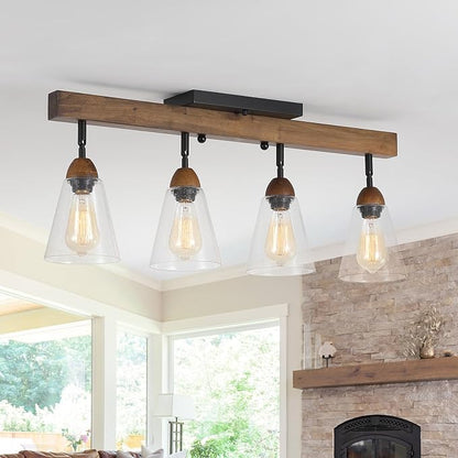4-Light Large Rustic Farmhouse Wood Flush Mount Ceiling Light Fixture Clear Seeded Glass Shade and Oak Wood Track Semi Flush Mount Ceiling Light for Kitchen Living Room Bedroom Indoor, Black