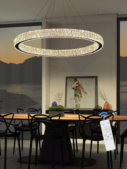 39.4in Large Ring Chandelier for Living Room Modern LED Black Crystal Chandelier for Dining Room Dimmable 2700K-6000K