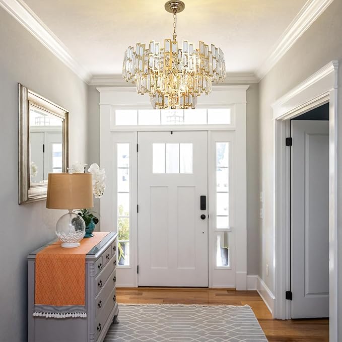 Crystal Chandelier Plated Gold Modern Round Chandeliers for Dining Room Bedroom Kitchen Entryway Chandelier Contemporary Pendant Ceiling Light Fixture Hanging W24.4 10-Light 3-Tier