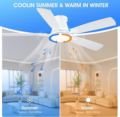 Surtime 52" Ceiling Fans with Lights-Low Profile Ceiling Fan with Light and Remote/APP Control,Flush Mount,White Ceiling Fans for Bedroom,Indoor/Outdoor Patio Use