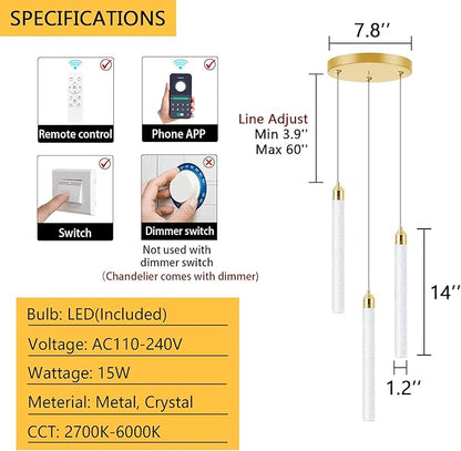 Pendant Lights Kitchen Island Mini Chandelier Gold Pendant Light Crystal Light fixtures Adjustable Hanging Ceiling Hanging Lights Bubble Mini Crystal Ceiling Light for Dining Room Bedroom 2700K 6000K