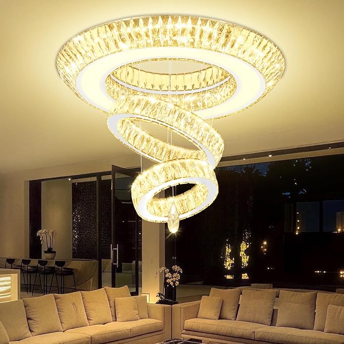 D32 Inch Modern Large Ring Crystal Chandelier Modern Luxury Ceiling Lights Fixture for Dining Living Room 3-Tier Raindrop Chandeliers Lighting LED 3000-6000K Infinity Dimmable