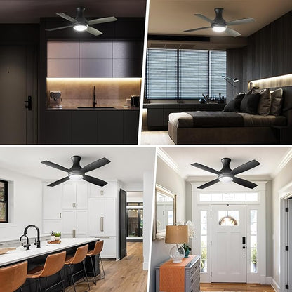 Consciot 52 Inch Ceiling Fan With Lights, Modern Black Ceiling Fan, Remote Control, Quiet Reversible DC Motor, Flush Mount, Dimmable 3CCT LED Light, Double Finish Blade, For Indoor Bedroom Living Room