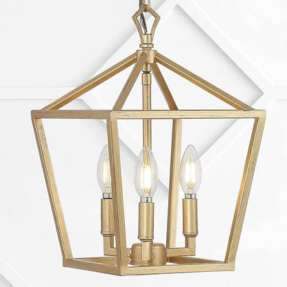 JONATHAN Y 10" Brass Gold 3-Light Pagoda LED Pendant Lantern, Classic Modern Farmhouse Chandelier for Kitchen Island, Dining Room, Entry, Foyer, Rustic Iron Frame (JYL7601B)