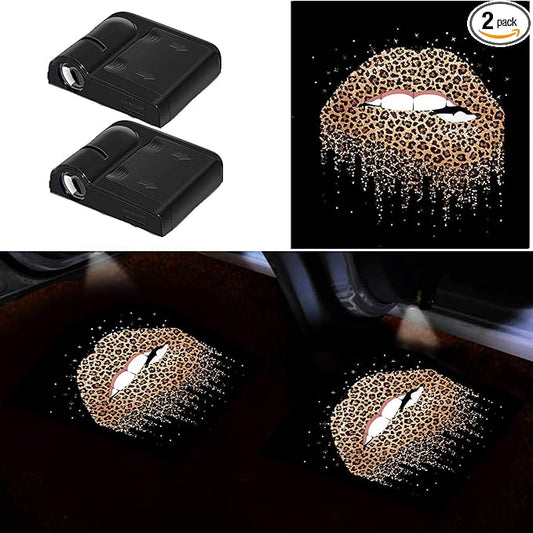 Women Cool Lips Bite Kiss Me Leopard Print Lips Car Door Projector Lights Leopard Cheetah Car Accessories Decor Gifts LED Car Door Shadow Ghost Welcome Lights by FLYEEGO