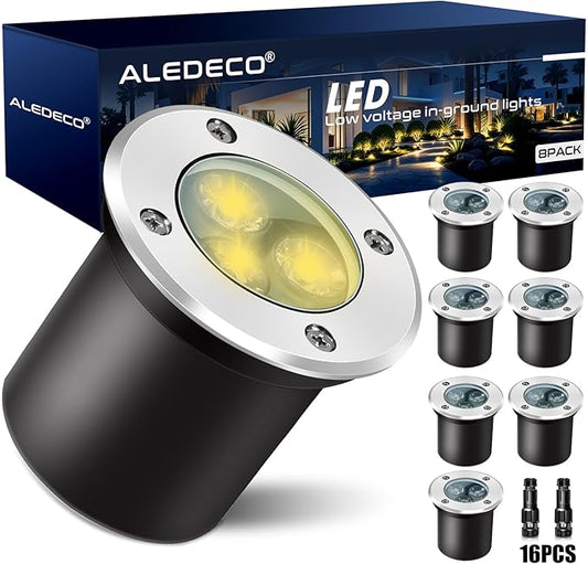 8Pack Low Voltage Landscape Lights with Connectors 3W LED 12-24V In-Ground Lights IP67 Waterproof Garden Lighting 3000K Outdoor Decorative Lights for Yard Pathway Patio (Warm White)