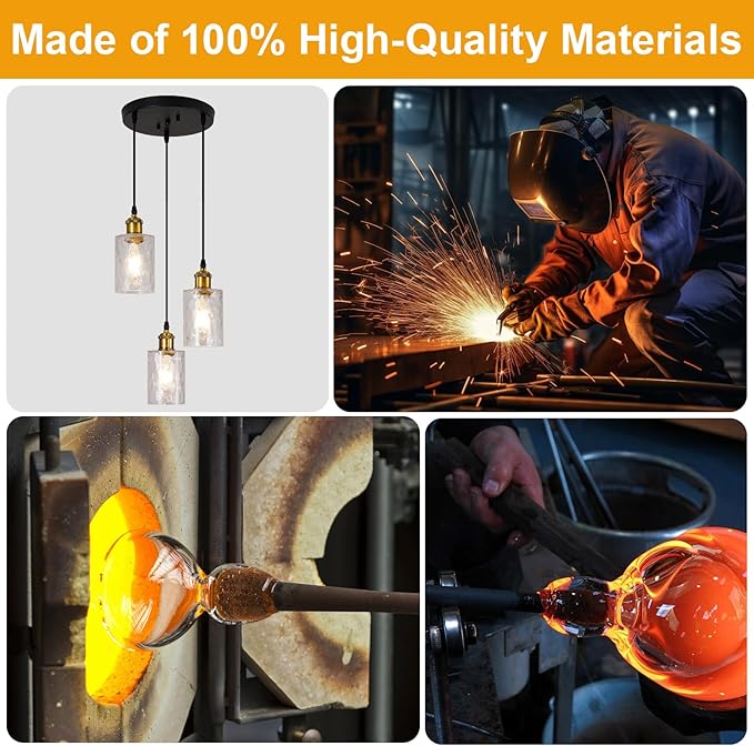 3-Light Pendant Light Fixtures, Black and Gold Pendant Lights Kitchen Island, Adjustable Pendant Lighting with Clear Hammered Glass Shade, Modern Hanging Light Fixtures for Dining Room, Hallway