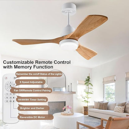 42 Inch White Ceiling Fans with Lights and Remote,Dimmable LED Light,Quite Reversible DC Motor,Memory Function,Modern Solid Wood Indoor Outdoor Ceiling Fan with Light for Farmhouse Bedroom Patio