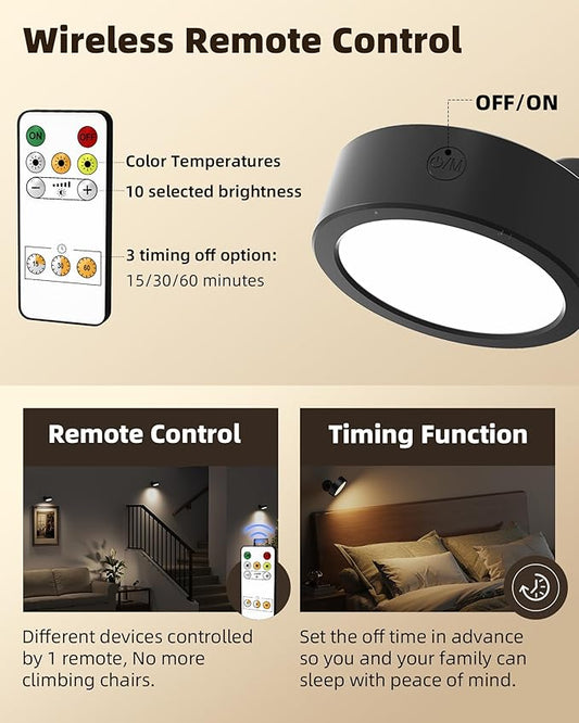 EZVALO LED Wall Mounted Light, 3000mAh Rechargeable Cordless Wall Sconce, Dimmable with Remote & Touch Control, 3 Color Temps, 360° Rotatable for Bedroom, Bedside, Reading(Black, 3Pack)