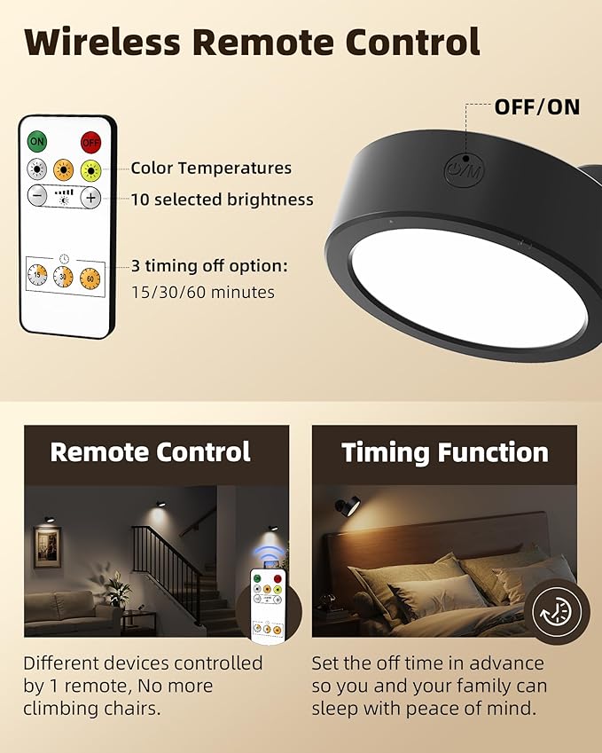 EZVALO LED Wall Mounted Light, 3000mAh Rechargeable Cordless Wall Sconce, Dimmable with Remote & Touch Control, 3 Color Temps, 360° Rotatable for Bedroom, Bedside (Black, 2 Pack)