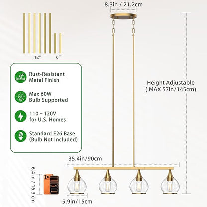 Kitchen Island Linear Pendant Light, 4-Light Gold Dining Room Chandelier with Clear Glass Globe Shades, Modern Linear Lighting Fixture Over Table