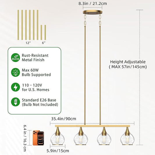 Kitchen Island Linear Pendant Light, 4-Light Gold Dining Room Chandelier with Clear Glass Globe Shades, Modern Linear Lighting Fixture Over Table