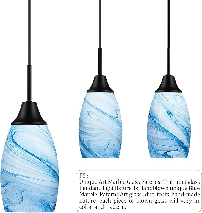 Viinew Mini Glass Pendant Light 4.72" with Handblown Blue Marble Art Glass Hanging Light 3-Pack Oval Ceiling Hanging Light Fixture for Dining Room Kitchen Island Cafe Foyer Hallway