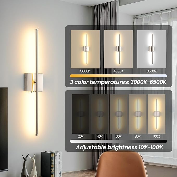 Brushed Nickel Battery Operated Wall Sconces Set of 2, 11000mAh Wireless Rechargeable Wall Lights with Remote Control, 350°Rotate Dimmable Wall Lamp, 3 Color Temperatures, for Bedroom, Living Room