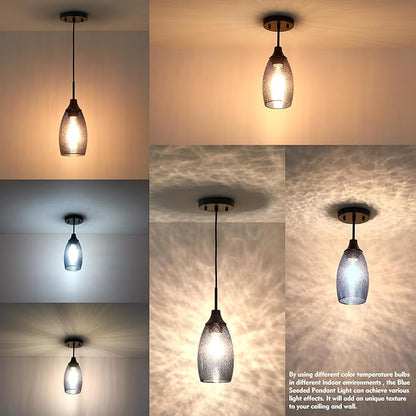 Viinew Mini Glass Pendant Light 1-Pack Handblown Clear Dark Blue Seeded Glass Shade Adjustable Cord Ceiling Light Fixture for Kitchen Island Sink 4.72"