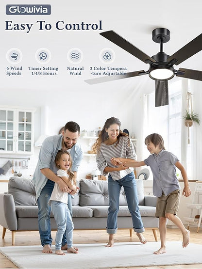 52 Inch Ceiling Fan with Lights and Remote, Smart APP Control, Dimmable with All-Setting Memory, Quiet DC Motor Reversible Blades, Damp Rated Modern Ceiling Fan for Bedroom Patio Living Room
