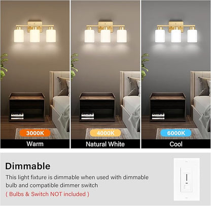 FonmYim Gold Bathroom Light Fixtures, 3-Light Modern Vanity Light Over Mirror, Wall Sconces with Milky White Frosted Glass Shades, E26 Socket (Bulbs Not Included)