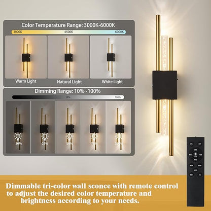 Battery Operated Wall Sconces Set of Two, Rechargeble Modern Crystal Bathroom Wall Sconces, 3000K-6000K Dimmable Gold LED Wireless Wall Lights for Vanity Bedroom Living Room Hallway（black gold）