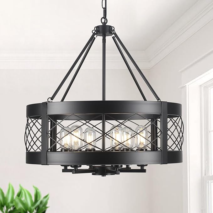 Black Chandelier 6-Light Adjustable Farmhouse Chandelier Dining Room Light Fixture Kitchen Island Lighting Drum Rustic Hanging Lights for Entryway Foyer Bedroom Living Room