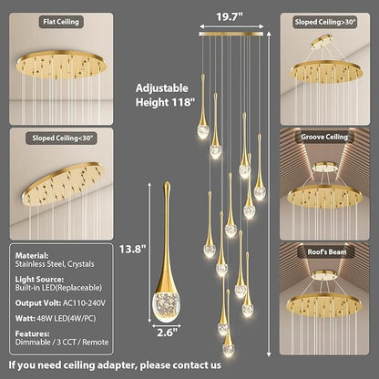 Raindrop Crystal Chandelier High Ceiling: 12 Lights Remote Dimmable LED - Large Long Modern Bubble Hanging Pendant Light Fixture Teardrop Spiral Chandeliers for Living Room Staircase Entryway Foyer