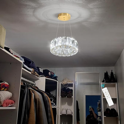 HAIXIANG Modern Crystal Chandelier Dimmable LED 8 Inch Ring Pendant Lights Adjustable Glam Chandeliers Lighting Fixtures for Dining Room Living Room Bedroom Gold Light