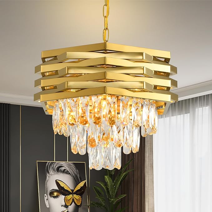 Modern Crystal Chandelier Gold Round Chandeliers for Dining Room Chandelier for Living Room Entryway Foyer Bedroom Kitchen Small Flush Mount Ceiling Pendant Light Fixtures 5-Lights W15.7