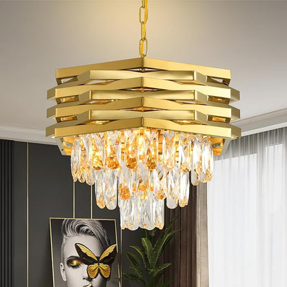 Modern Crystal Chandelier Gold Round Chandeliers for Dining Room Chandelier for Living Room Entryway Foyer Bedroom Kitchen Small Flush Mount Ceiling Pendant Light Fixtures 5-Lights W15.7
