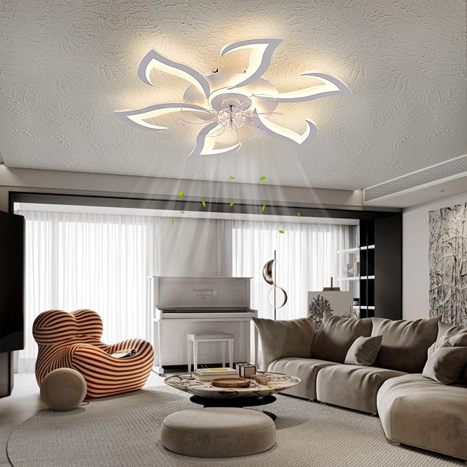 Yfrest Modern Ceiling Fan with Light and Remote, Low Profile 32 Inch White Flush Mount Fandelier Ceiling Fan for Kitchen Bedroom
