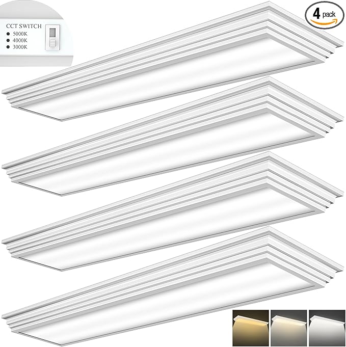 FAITHSAIL Dimmable 4FT LED Wraparound Light, Selectable 3 Color Temperature 3000K/4000K/5000K CCT 50W 5500LM 4 Foot Kitchen LED Light Fixture, Flush Mount 48 Inch Ceiling Lighting Fixture, 4 Pack