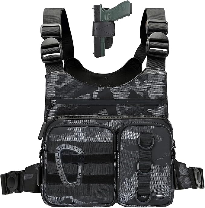 Criuage Outdoor Chest Bag for Men, Lightweight Adjustable Running Vest, Water Resistant EDC Chest Pack with Water Bottle Pocket, Breathable Back Pad for Hiking Cycling Fishing Travel (Camo)