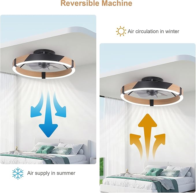 Garwarm 20IN Low Profile Ceiling Fans with Lights and Remote, 30W Fandelier Ceiling Fan Flush Mount,3000K-6500K Dimmable Bladeless LED Fan Light for Bedroom Kitchen Living Room Dining Room
